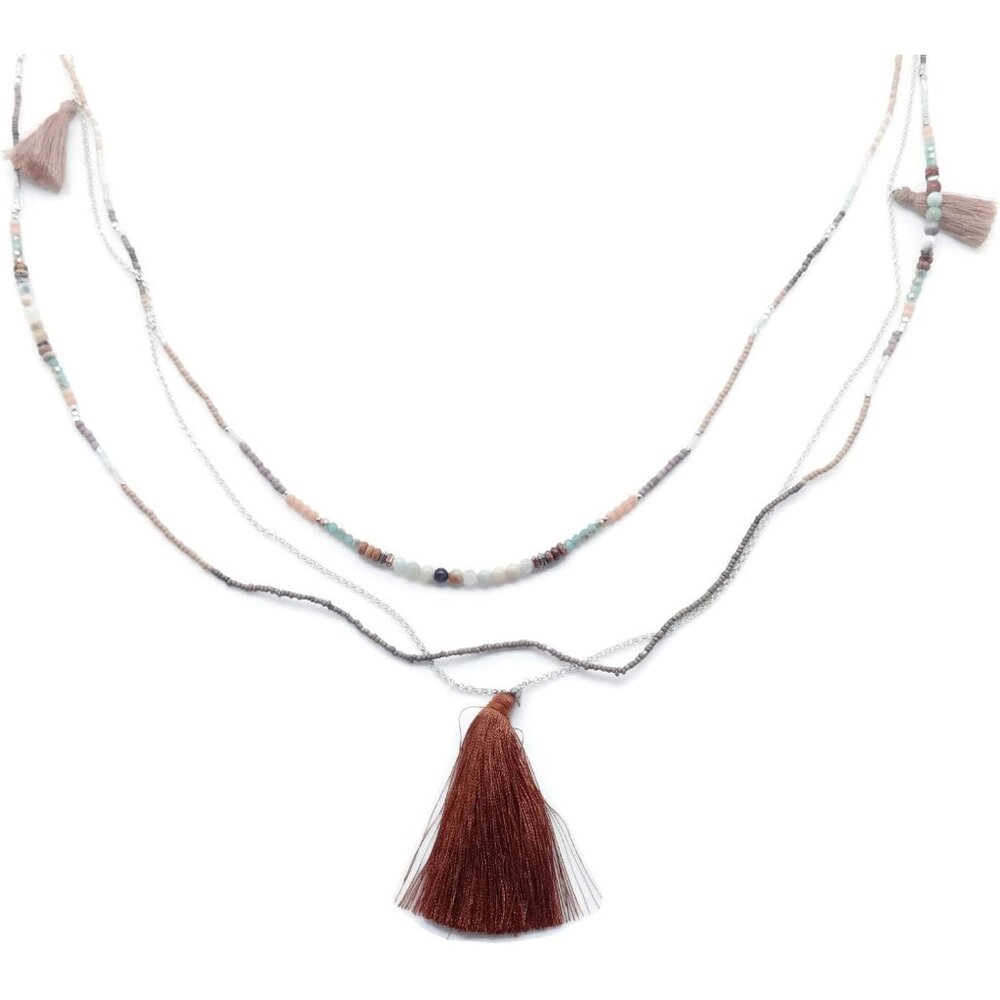 Nakamol Brown Mineral Stone & Crystal Beaded Tassel Silver Layer Necklace NEW